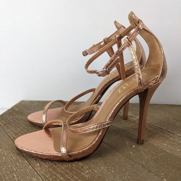 Schutz Strappy High Heel Sandal metallic Rose Gold Snake skin sz 5B Ankle strap - Picture 6 of 7
